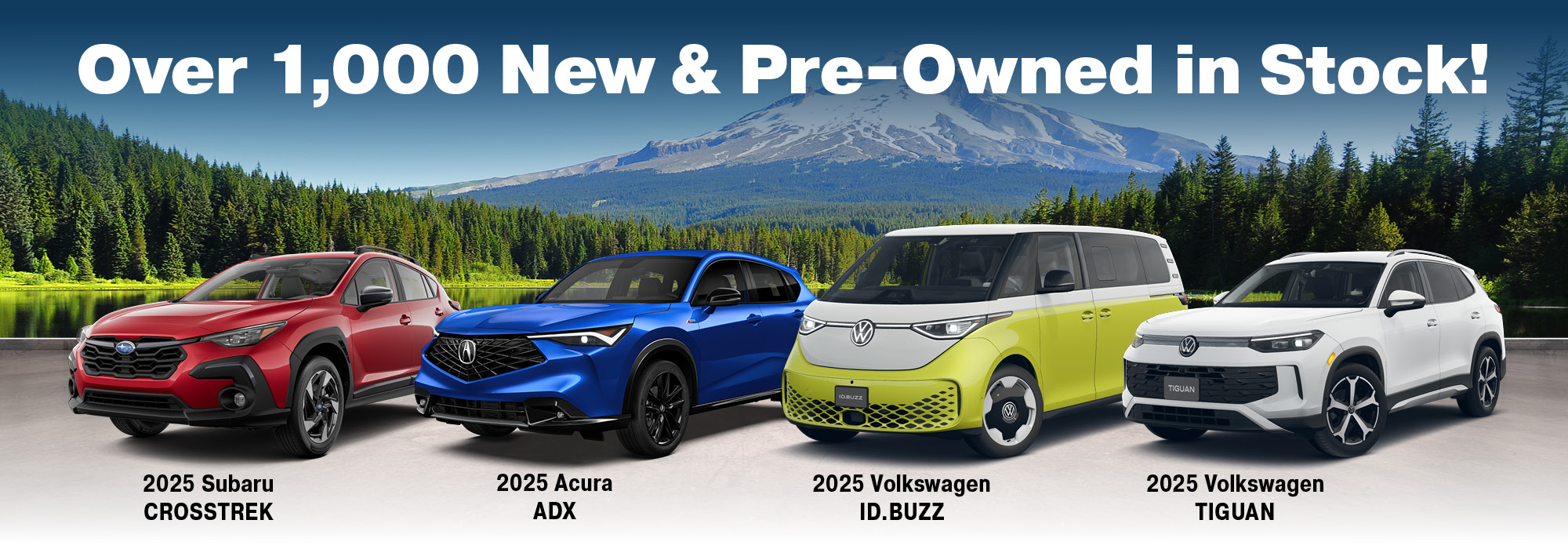"Over 1,000 New & PreOwned in Stock" text above a red car, blue car, green van, and white car
